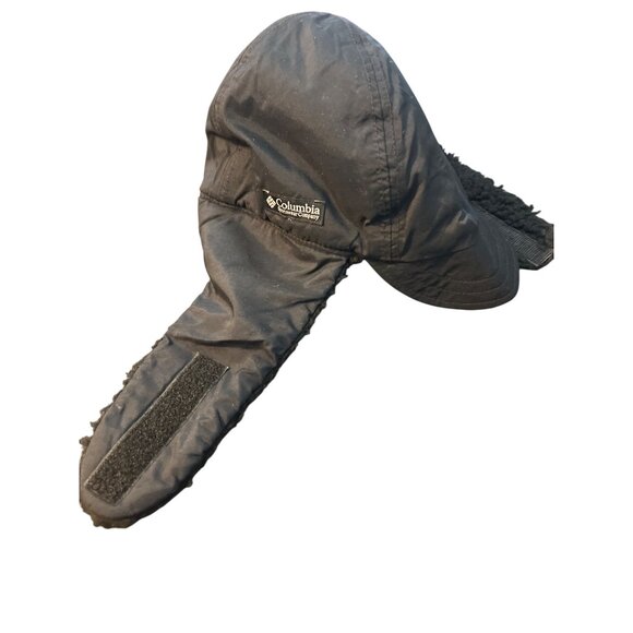 Vtg Columbia Black Sherpa Winter Trapper Hat Fleece Lining Hook Loop USA Sz S/M - Picture 1 of 5